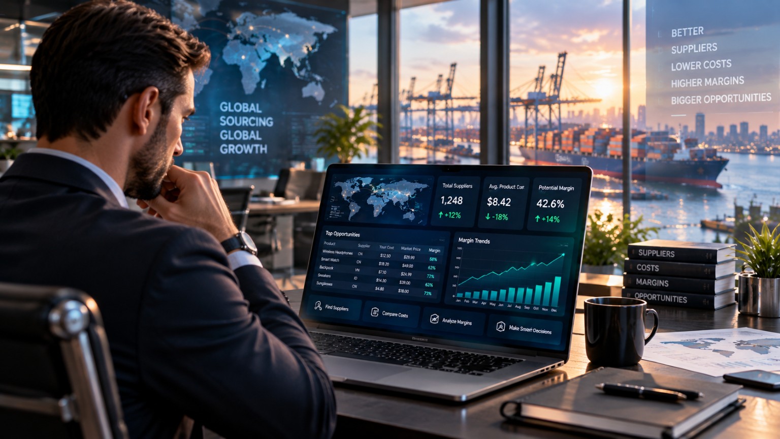 Global wholesale sourcing workspace overlooking a logistics port